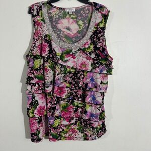 Dressbarn Woman Sleeveless Floral Ruffle Tank Top Beaded Neckline 22/24